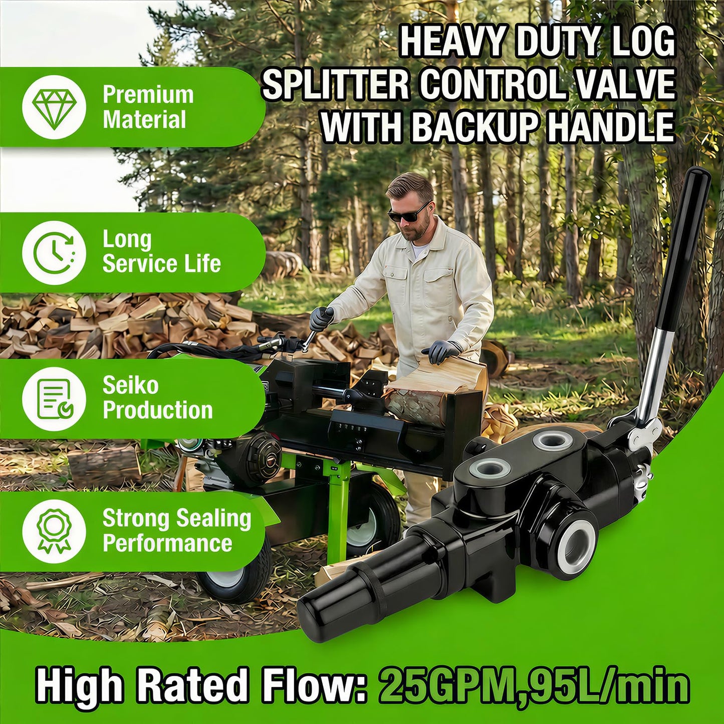 INPANOLS Hydraulic Log Splitter Valve w/ 2 Joystick, Hydraulic Directional Control Valve, 1 Spool 25GPM 3626PSI Hydraulic Loader Valve for Log Splitter, Small Tractors & Loaders