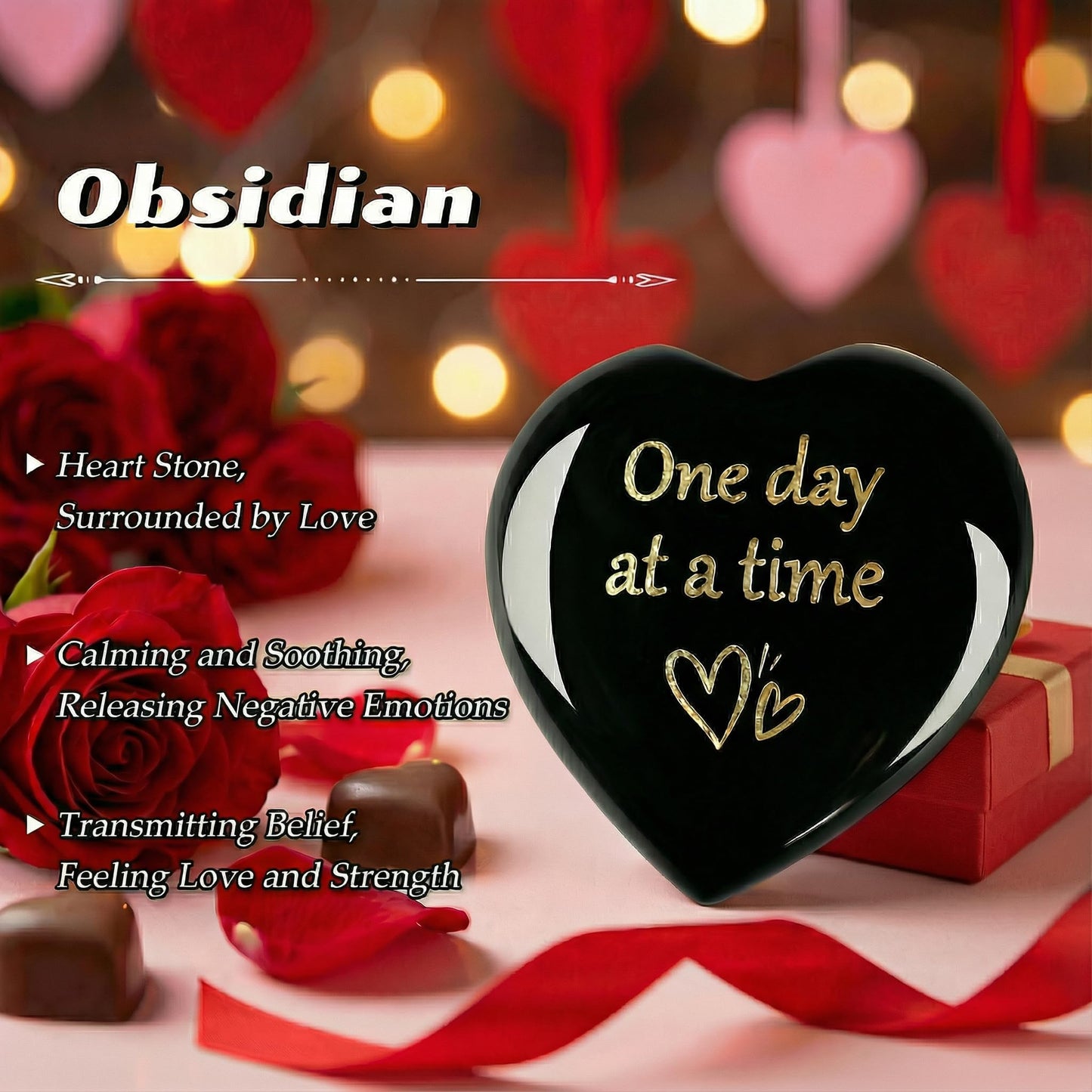 QINJIEJIE Black Obsidian One Day at A Time Heart Worry Stones Healing Crystal Thinking of You Gifts for Anxiety Relief Items You Got This Inspirational for Friend Encouragement Gift for Women Men