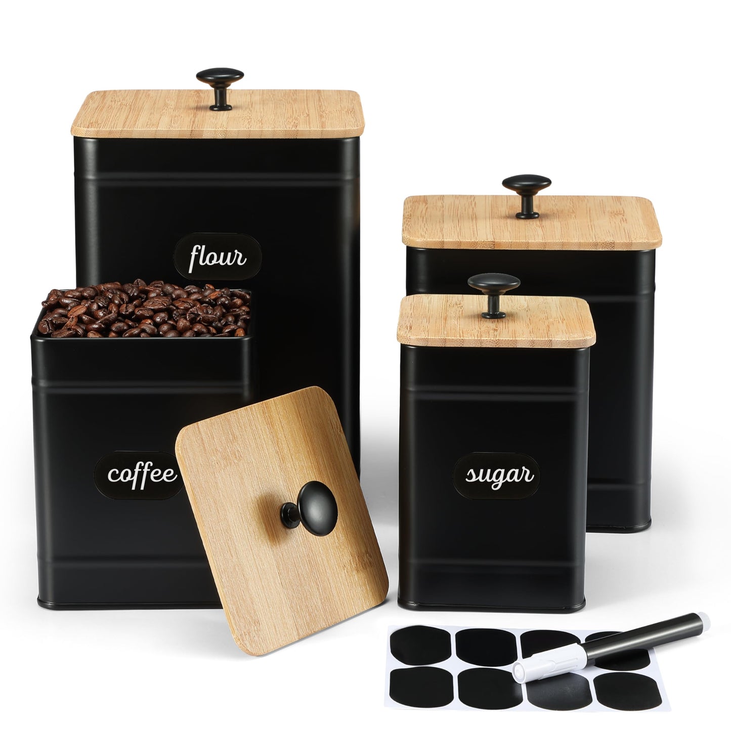 PERFNIQUE Kitchen Canisters, Airtight Canister Sets for Kitchen Counter, Kitchen Canisters for Countertop Set of 4, Coffee Tea Sugar Flour Spice Tin Jars Food Storage Container with Lid(Black)