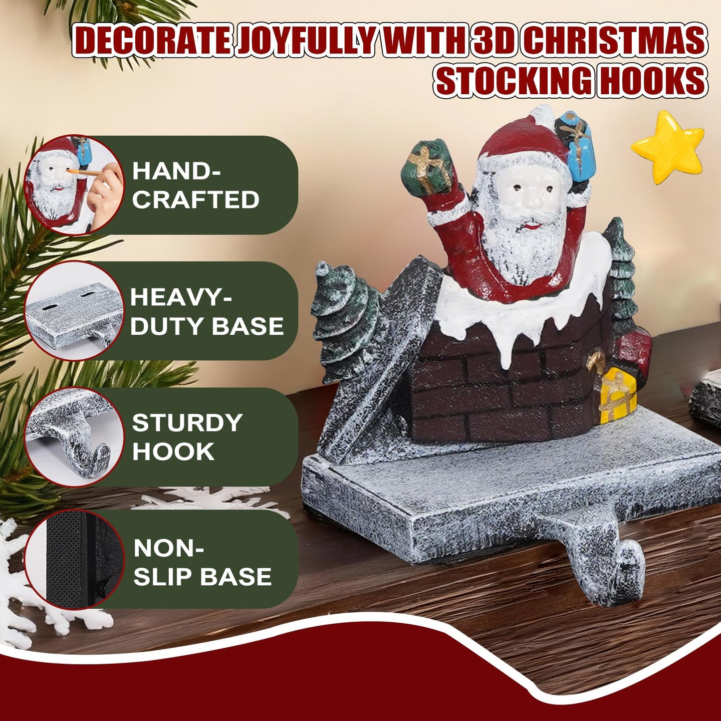 IGOHEALS Stocking Holders for Mantle – 3D Christmas Stocking Holder Heavy Duty Cast Iron Garland Hangers for Mantel with Non-Slip Base | Xmas Decor, Sturdy Fireplaces Hook (Pine Cone and Santa)