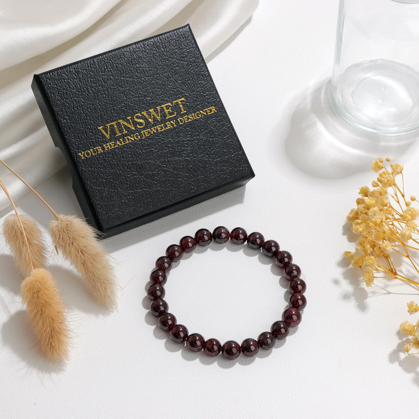 Vinswet Healing Crystal Bracelets for Women Men 8mm Garnet Natural Stone Beaded Stretch Bracelet Handmade Gemstone Reiki Spiritual Jewelry Gifts
