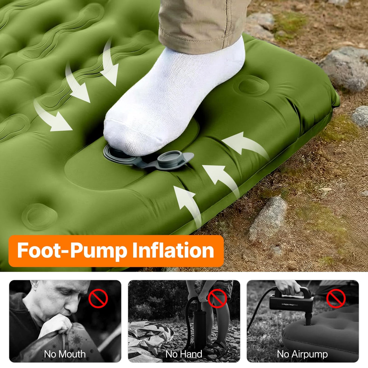 OGERY Sleeping Pad, Ultralight Inflating Sleeping Pad for Camping with Pillow Built-in Foot Pump, 6" Extra-Thick Reinforced Camping Pad for Hiking, Backpacking, Tent, Single,Green
