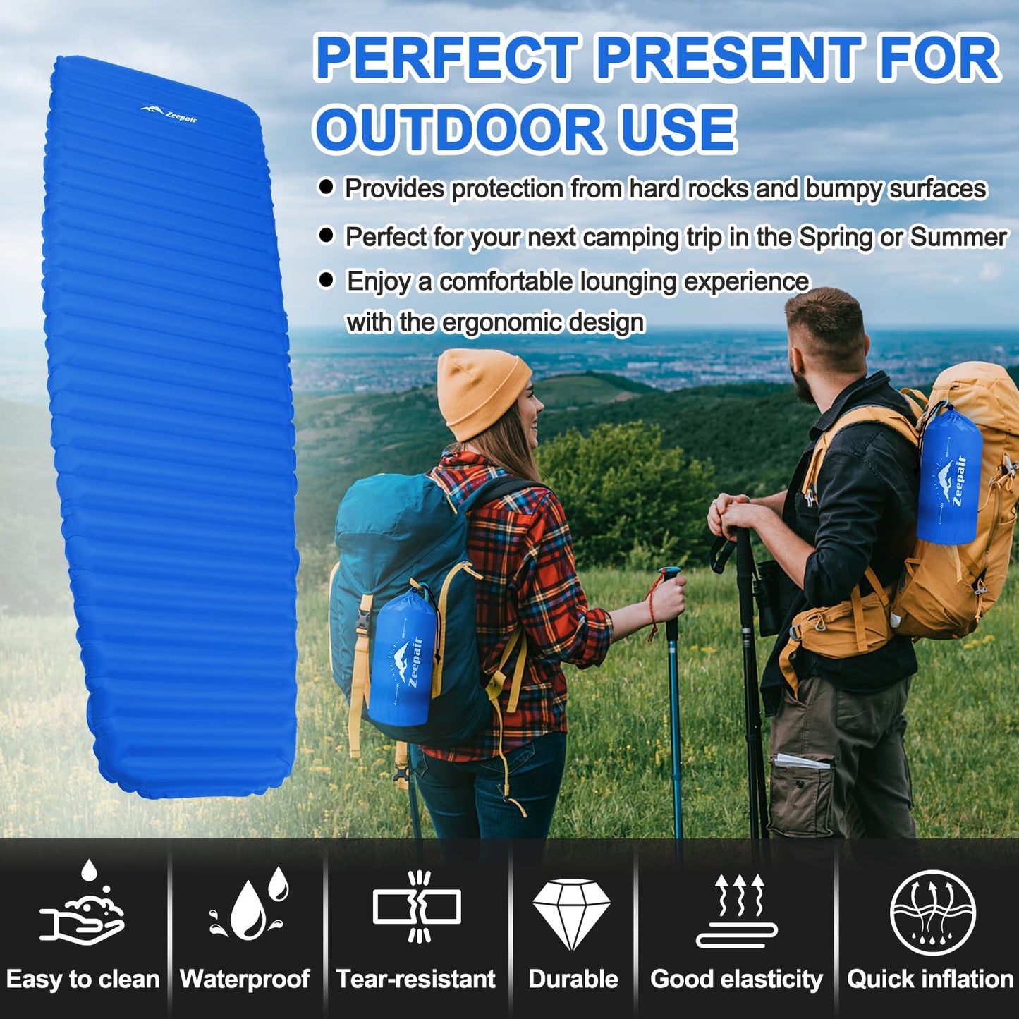 Camping Sleeping Pad, Ultralight Waterproof Inflatable Sleeping Mat with Inflation Bag, Lightweight Portable Compact Air Mattress for Outdoor Backpacking Hiking Traveling Tent Use (Single, Blue)