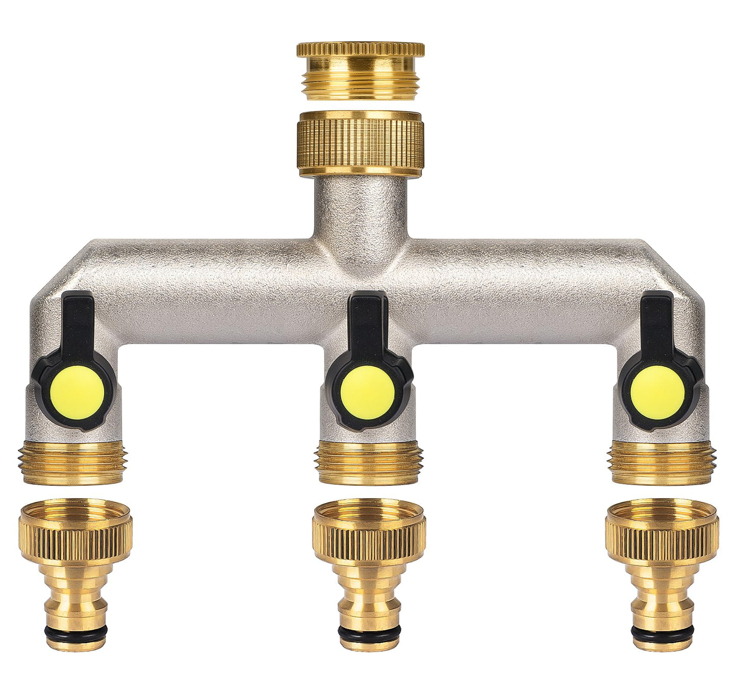 Anstore Garden Hose Splitter, 3/4" Water Hose Splitter 3 Way Heavy Duty with 3 Black Handle, Brass Nickel Plated Outdoor Faucet Splitter Water Spigot Splitter Manifold Rust and Freeze Resistant