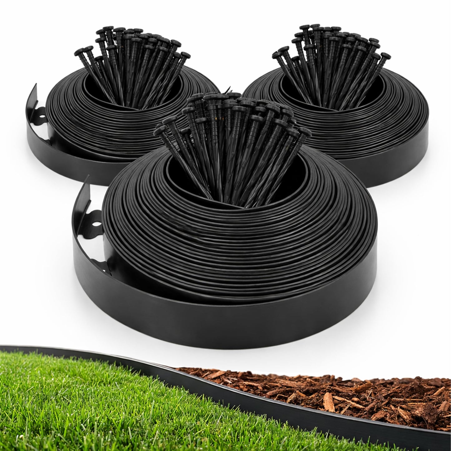 Gardzen 1.5" x 100' Landscape Edging Kit, Garden Edging Coil Comes with 120 Pcs Spikes, No Dig Lawn Border