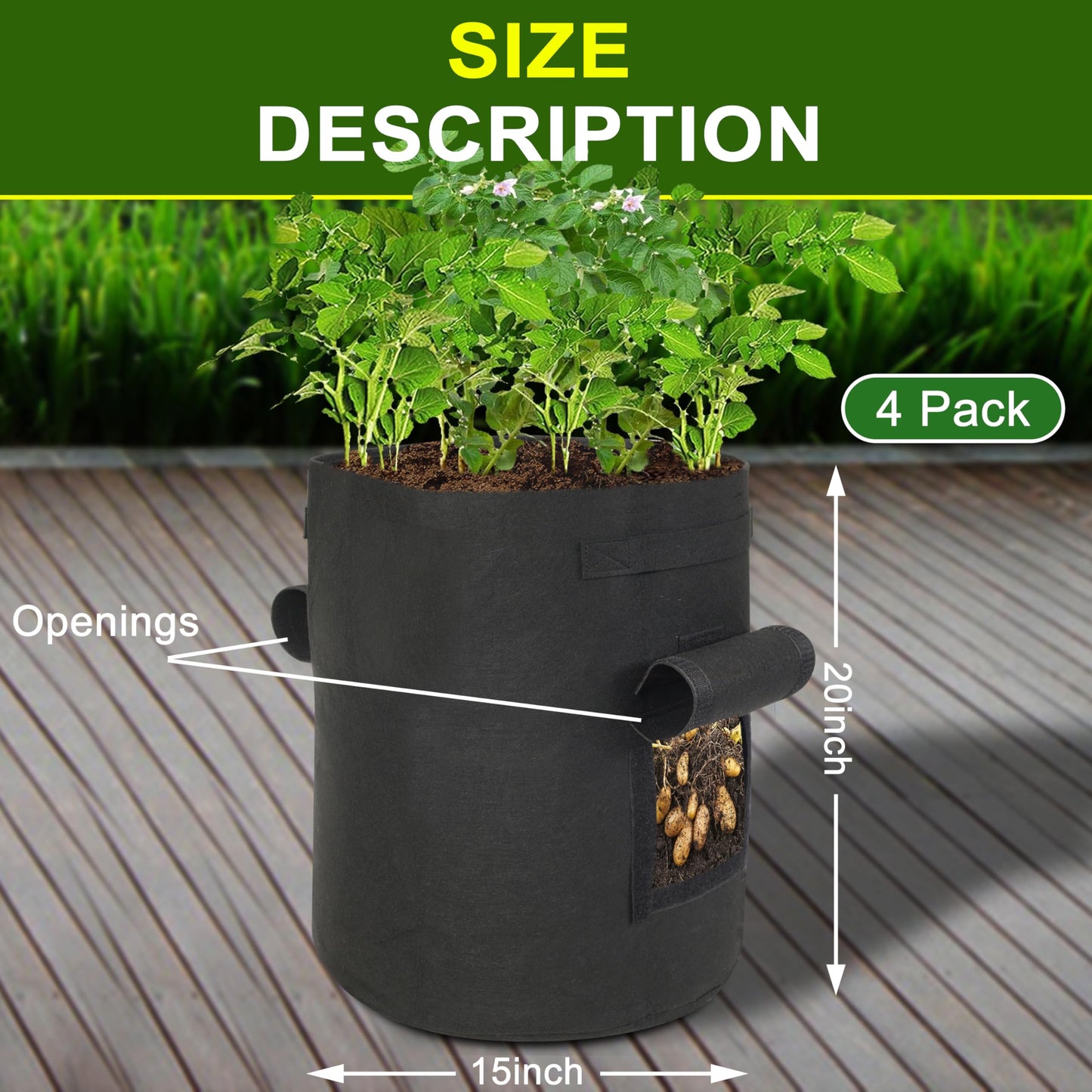 SORANGEUN 4-Pack 15-Gallon Grow Bags with 2 Flaps and Reinforced Handles,Non-Woven Potato Grow Bags, Heavy-Duty Thickened Aeration Fabric Pots for Potatoes, Tomatoes, Flowers, and Vegetables