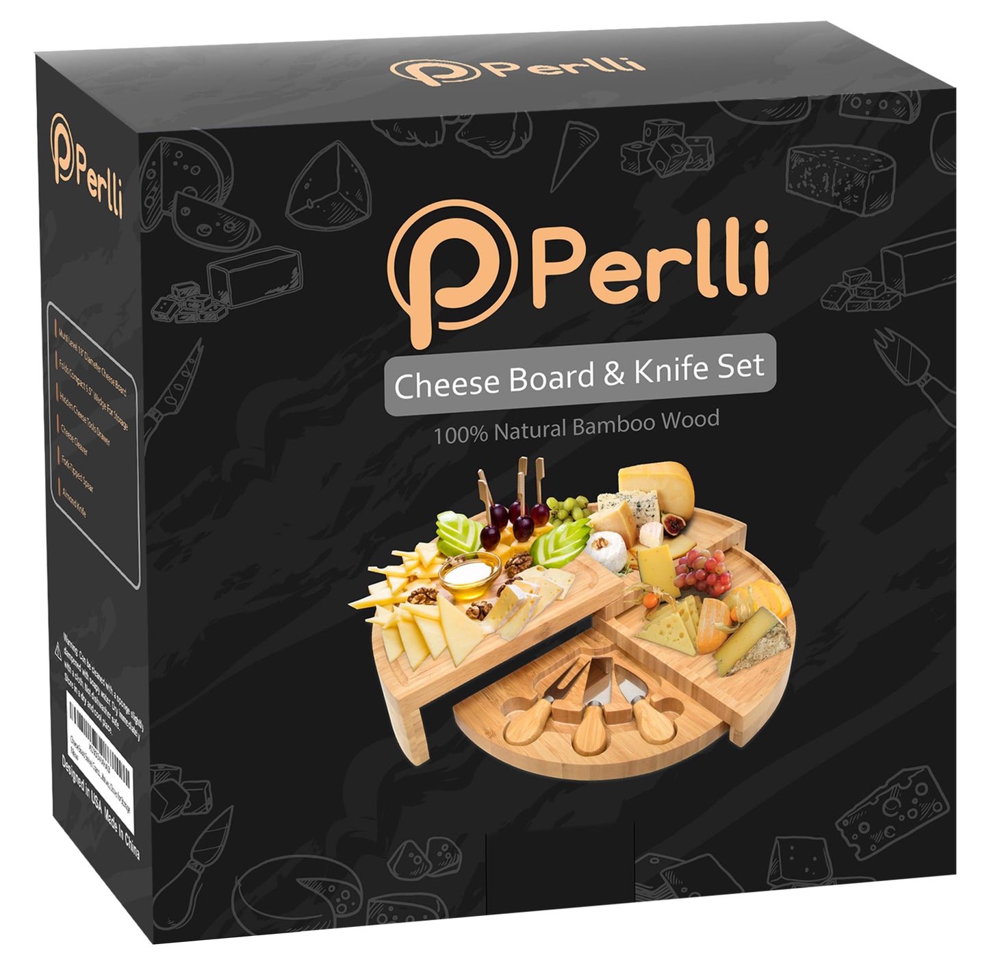 Perlli Bamboo Cheese Board & Knife Set, Large Folding 18 Inch Round Wood Rotating Charcuterie Board Set Cheese Meat Wine Serving Tray Platter, Home Decor