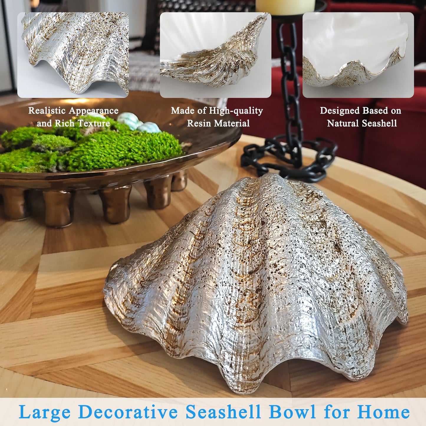 Afadorable Resin Seashell Decorative Bowl Large Clam Shell Storage Bowl for Coffee Table Centerpiece Home Kitchen Entryway Table Decor Beach Themed Wedding Party Decoration (Silver-Pearl White)