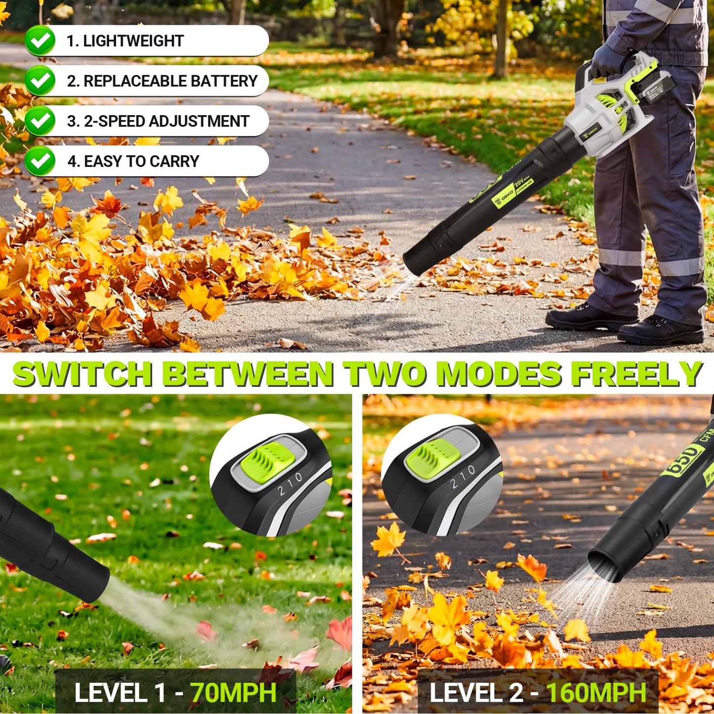Leaf Blower Cordless, 650 CFM Electric Leaf Blowers with 2 x 4.0Ah Batteries and Charger, 2 Speed Modes, Lightweight Blower for Blowing Leaves, Patio, Yard Cleaning, Blowers for Lawn Care and Dust