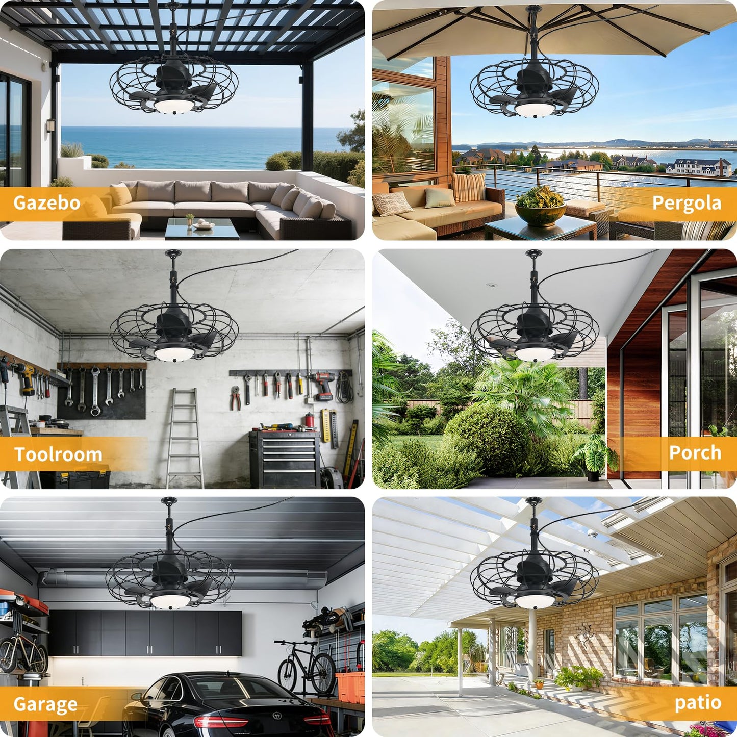 AHAWILL Outdoor Ceiling Fan with Light,20in Gazebo Fan with Remote and APP, 6 Speed,Dimmable 3 Color,Waterproof Cage Fan for Patio,Porch, Pergola,Canopy (dark black)