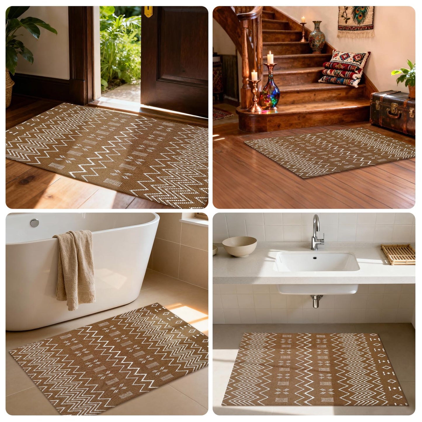 winolive Indoor Door Mat 2x3 Washable Rug,Braided Area Rug,Front Door Mat with Non Slip Rubber Backed,Cotton Doormat for Front Entryway Bathroom Kitchen Bedroom,Brown/White