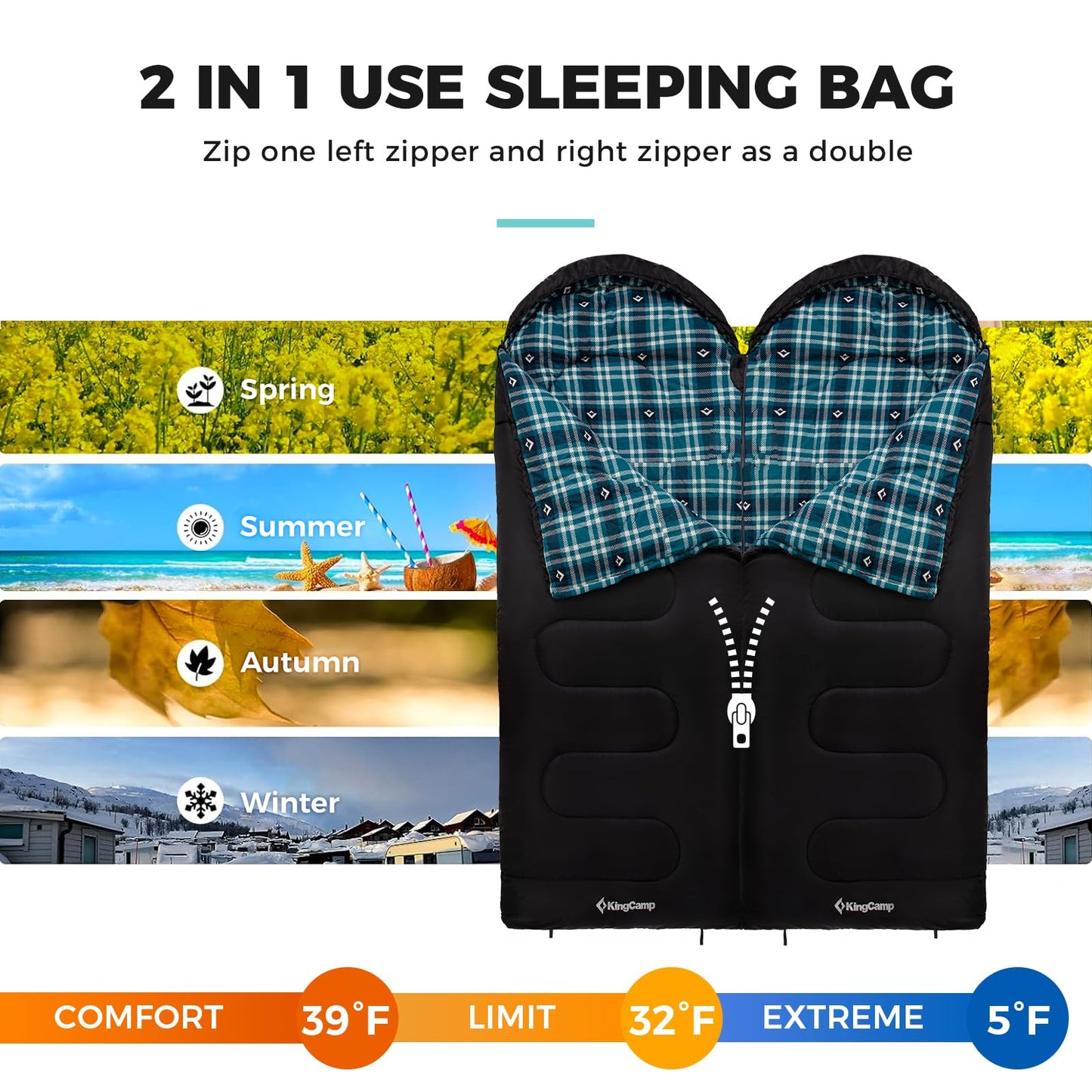 KingCamp Sleeping Bag for Adults, Cold Weather & Warm XL Big and Tall Flannel Sleeping Bags with Compression Sack Portable Waterproof Essentials Gear Accessories for Outdoor Camping (Black Right)