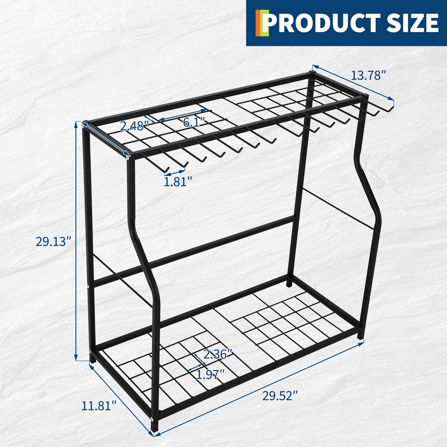 Garden Tool Organizer 2 Tier Yard Storage Rack With14 Hooks,Heavy Duty Holder With 43 Long-Handled Slots,Freestanding Tool Organizers and Storage for Yard Shed and Lawn
