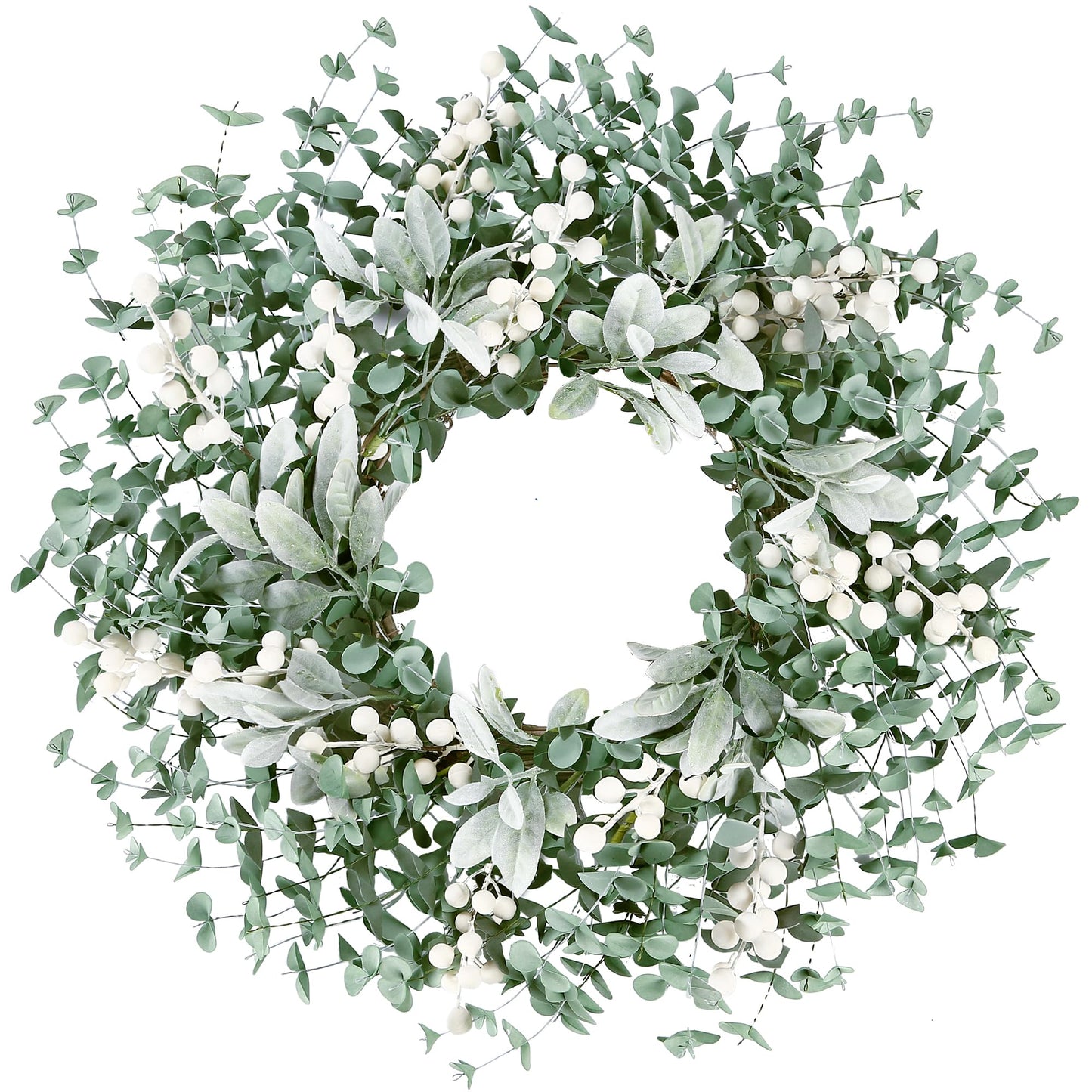 Sggvecsy Artificial Greenery Leaves Wreath for Front Door 22 Inch Greenery Boxwood Wreath with Flocked Lambs Ear White Berries for Spring Summer Farmhouse Wall Home Indoor Outdoor Decor