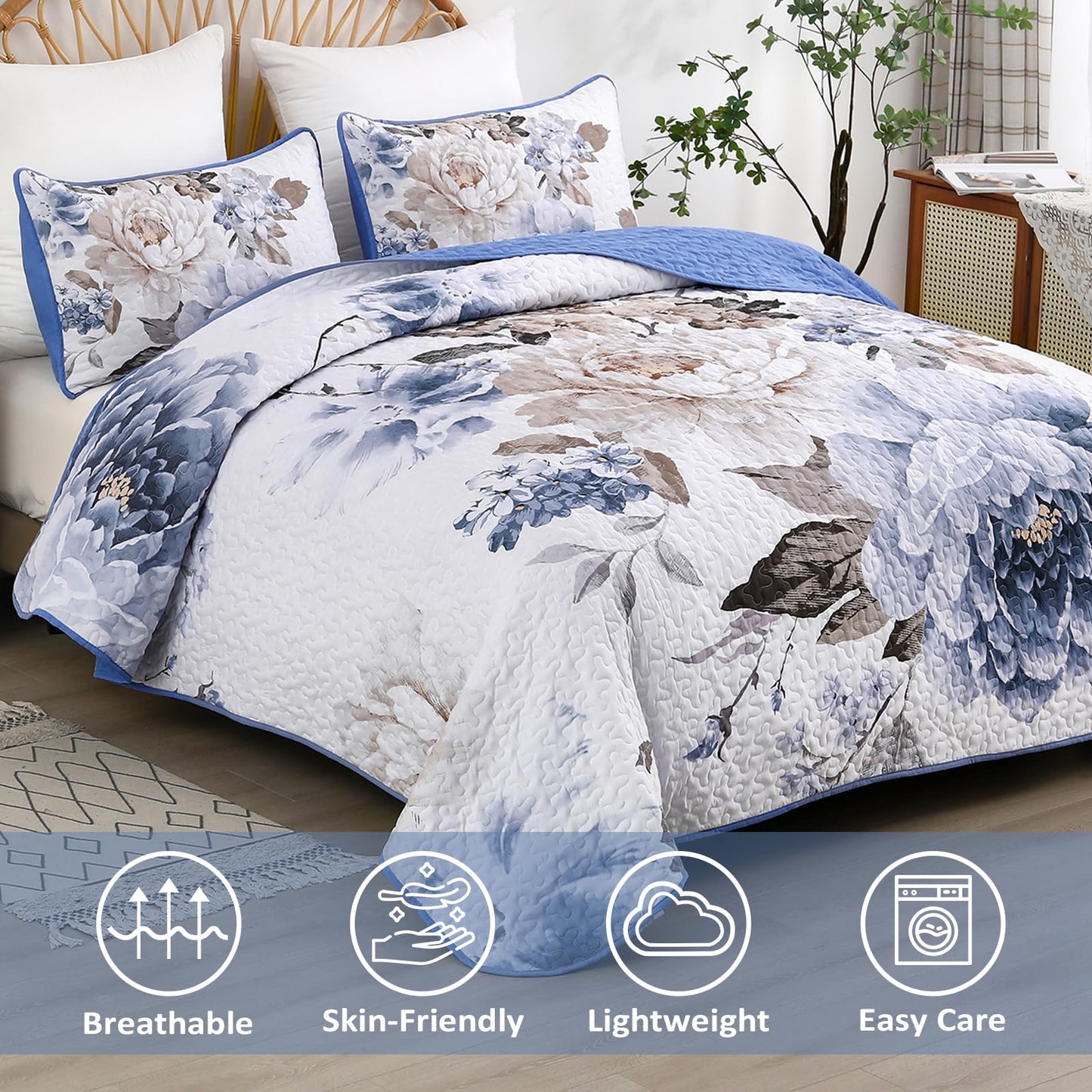 WONGS BEDDING Floral Quilt Set Blue Queen Size 3 Pieces Elegant Botanical Print Bedding Set for All Season, Lightweight Reversible Bedspreads Coverlet Set with 2 Pillow Shams