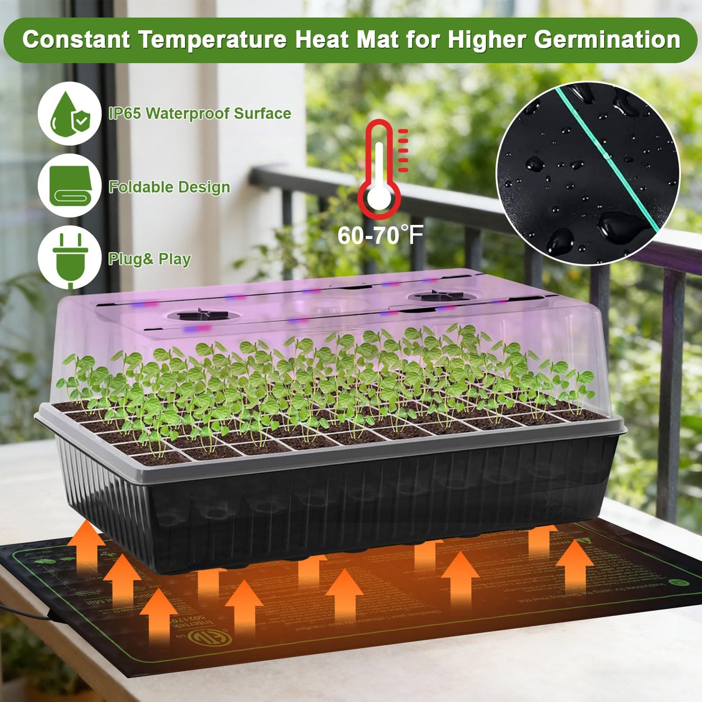 120-Cell Self-Watering Seed Starter Tray with Grow Light, Indoor Seed Starting Kit Trays with Heat Mat, Adjustable Brightness Plant Germination Trays Growing Kit with 4.13" Humidity Dome for Seed Grow