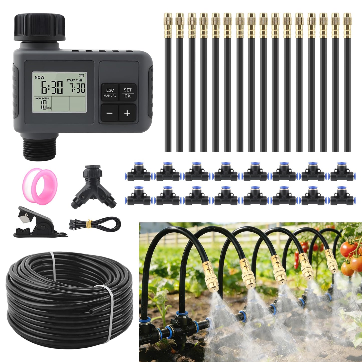 100FT Automatic Drip Irrigation Kits with Water Timer - Garden Watering System with 360° Bendable Spray Adjustable Copper Atomizing Nozzles for Yard, Lawn, Raised Bed, Greenhouse, Potted Plants