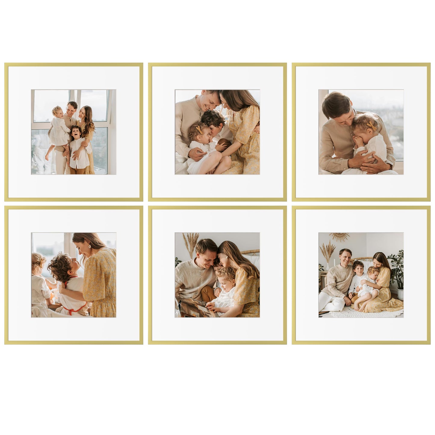 eletecpro Aluminum Gallery Wall Frame Set of 6, 12 x 12 Metal Photo Frames Display 8x8 Photo with Mat or 12x12 without Mat, Picture Frame Collage Wall Decor, Gold