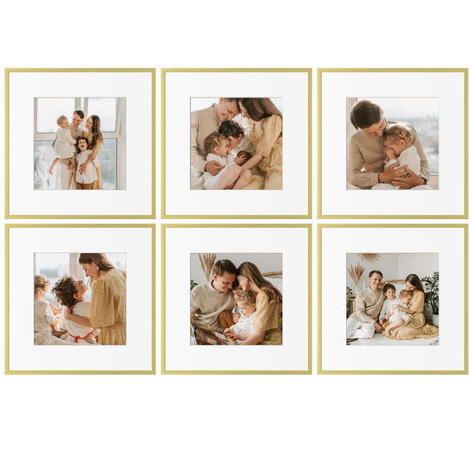 eletecpro Aluminum Gallery Wall Frame Set of 6, 12 x 12 Metal Photo Frames Display 8x8 Photo with Mat or 12x12 without Mat, Picture Frame Collage Wall Decor, Gold