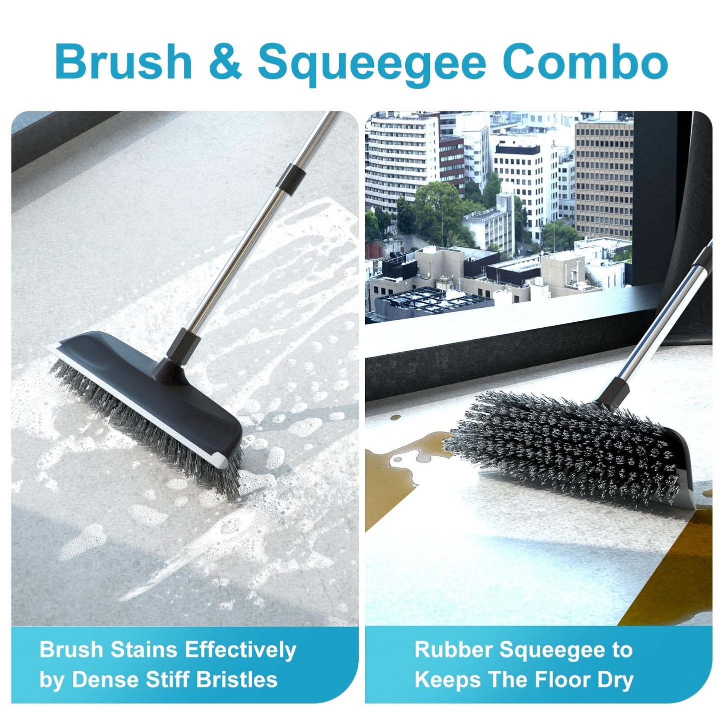 ITTAR Floor Scrub Brush with 55" Long Handle, 10" Wide Stiff Bristles Deck Brush, Stainsless Steel Pole Heavy-Duty Cleaning Brush, 2-in-1 Scrubber with Ruber Squeegee for Deck, Patio, Pool, Tile, Wall