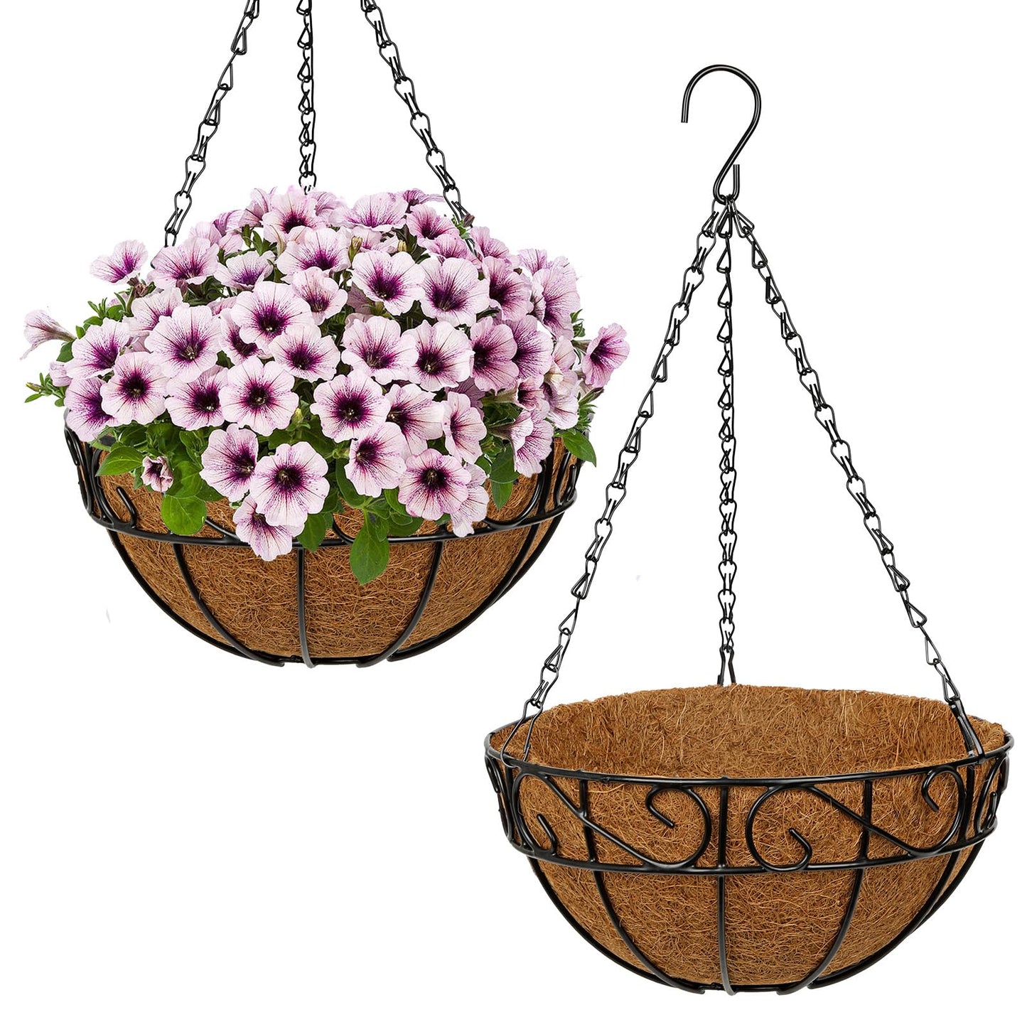 Nature Crafted 2 Pack 10 inch Metal Hanging Baskets for Plants, Round Metal Wire Hanging Basket Planter with Coco Fiber Liners Chain for Garden Home Porch Patio, Flower Border