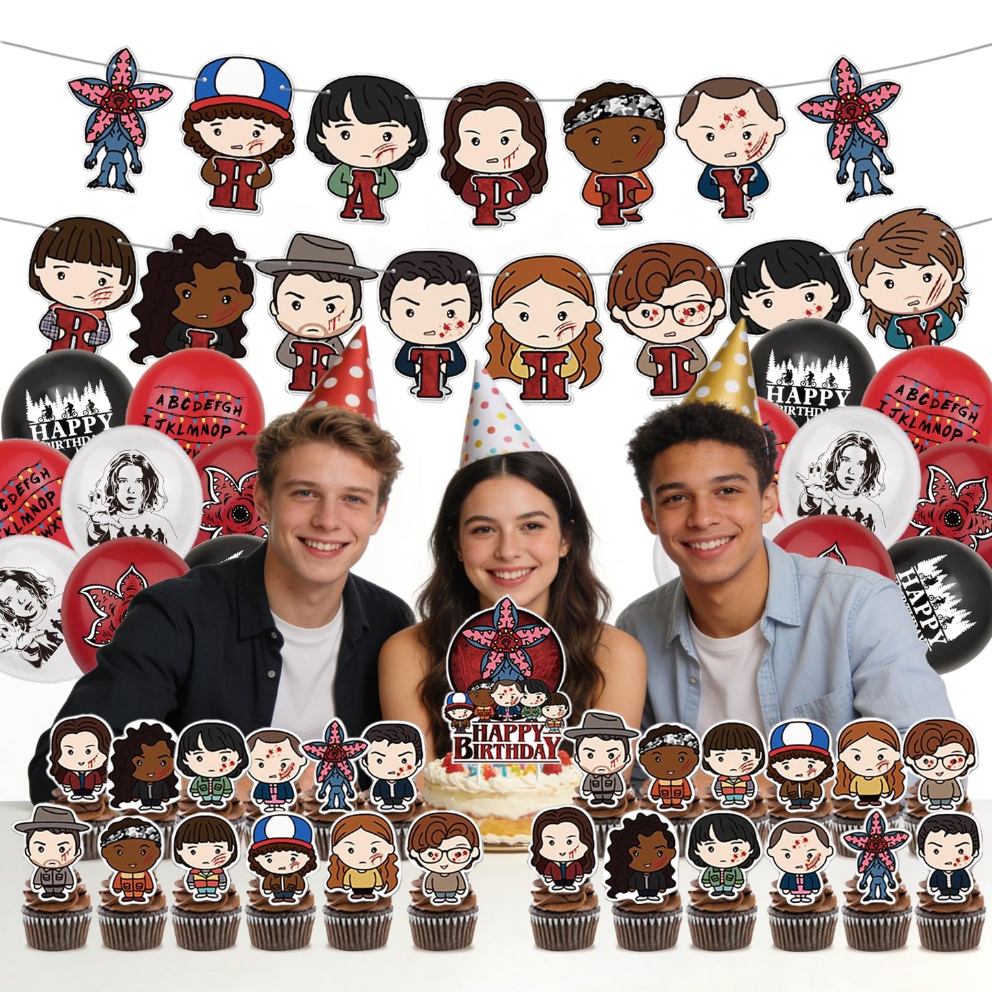 42 Pcs TV Series Theme Happy Birthday Decorations, Cute Cartoon Style Party Decorations, Includes Banners, Balloons, Cake Toppers, and Dessert Toppers