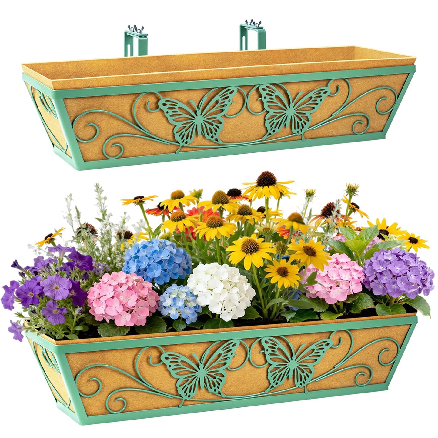 2 Pack 24 Inch Window Boxes Planter Railing Planters Box with Adjustable Brackets for Porch Deck Balcony Hanging Butterfly Decorative Flower Baskets & Non-Woven Fabric Liner for Outdoor Plants - Green