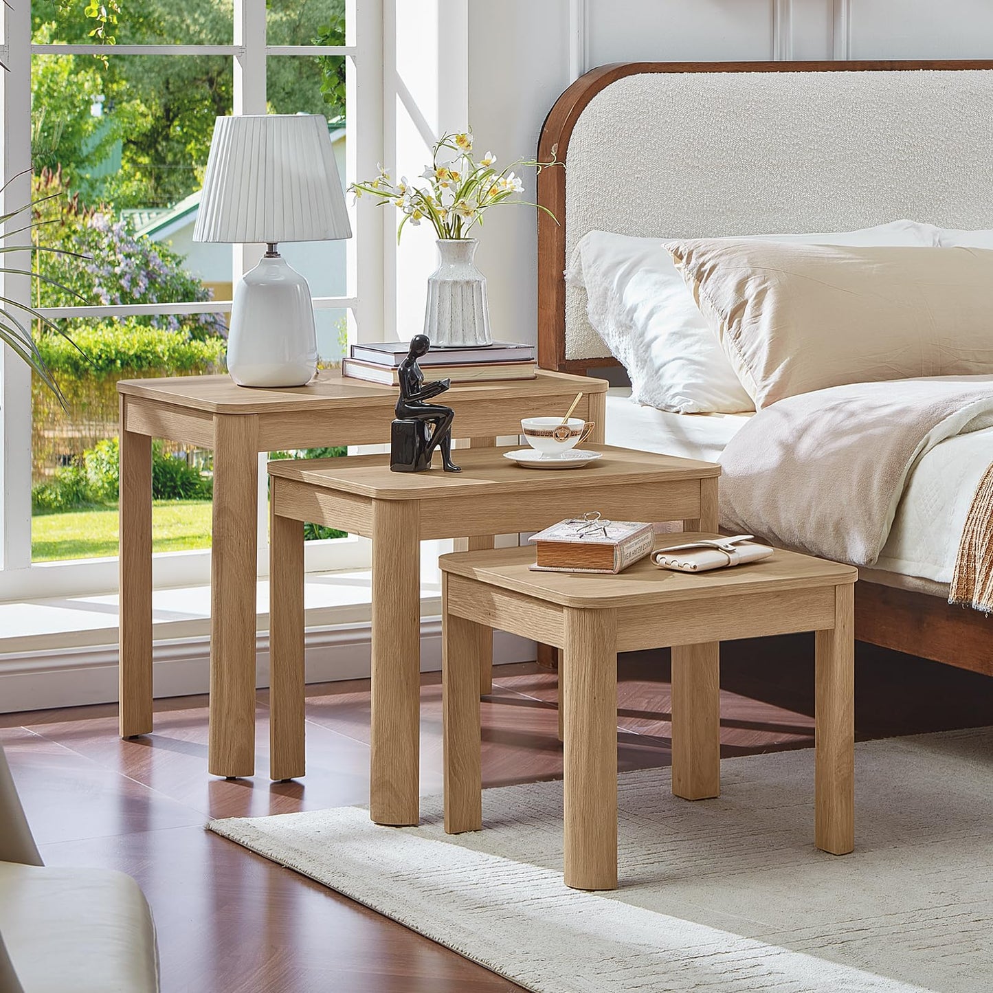 Joaxswe Farmhouse Nesting Tables Set of 3, Living Room Table Set with Rounded Corners & 4 Thickened Table Legs, Natural Wood