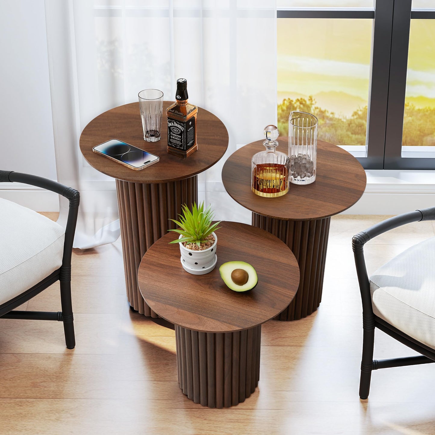 Bifins Round Nesting Coffee Table Set of 3,Mid Century Modern Fluted Coffee and End Table Set,Small Circle Wooden Side Table Drink Table for Living Room (Walnut)