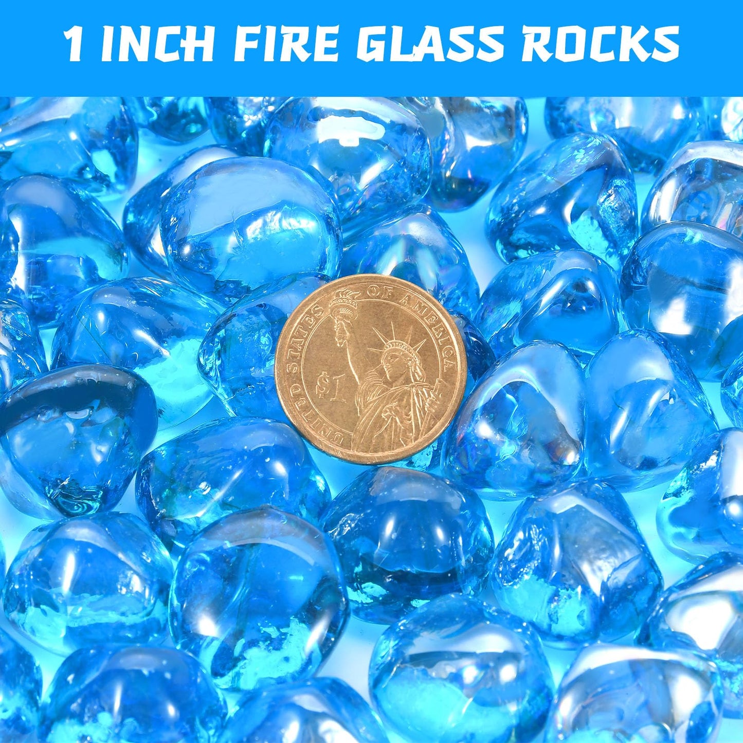 vchin Fire Glass for Propane Firepit, Fireplace and Outdoor Decorative, Caribbean Blue Fire Pit Rocks 10LB, 1 Inch Diamond High Luster Glass Beads