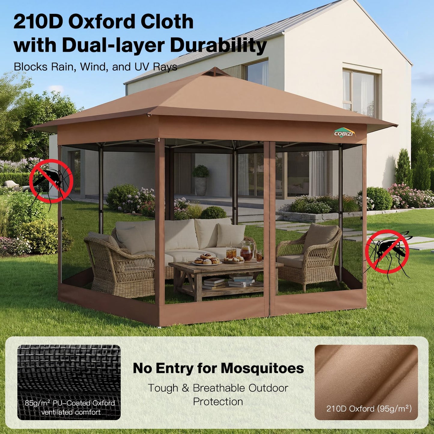 COBIZI 13x13 Pop up Gazebo, Hexagonal Outdoor Canopy Tent with Mosquito Netting, Portable 6-Sided Gazebo Tent, Waterproof, UV Resistant Height for Backyard, Gardens, Patio（Brown）