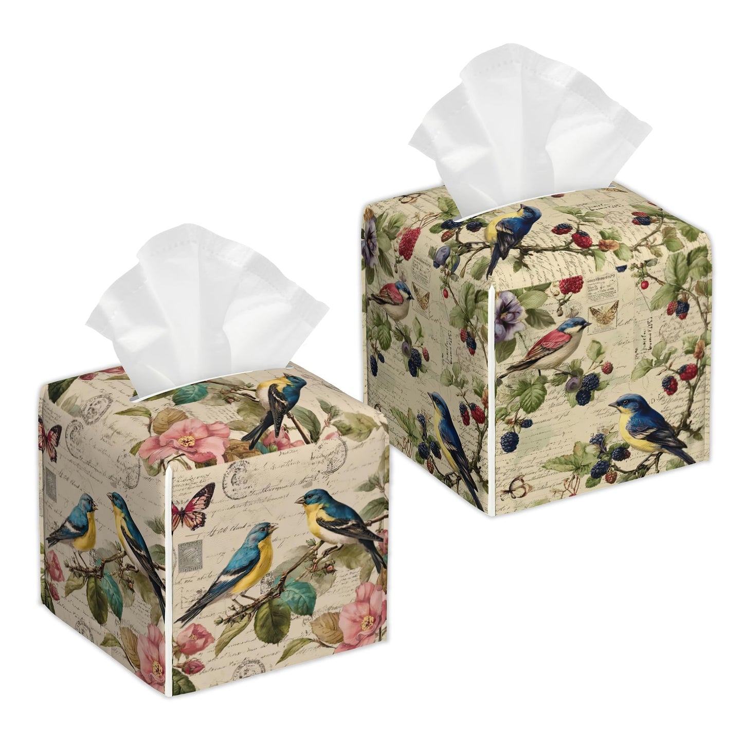 Spring Bird 2 Pcs Tissue Box Cover Square Leather Tissue Case Holder Facial Paper Organizer Decorative for Bathroom Kitchen Car Office Home Decor