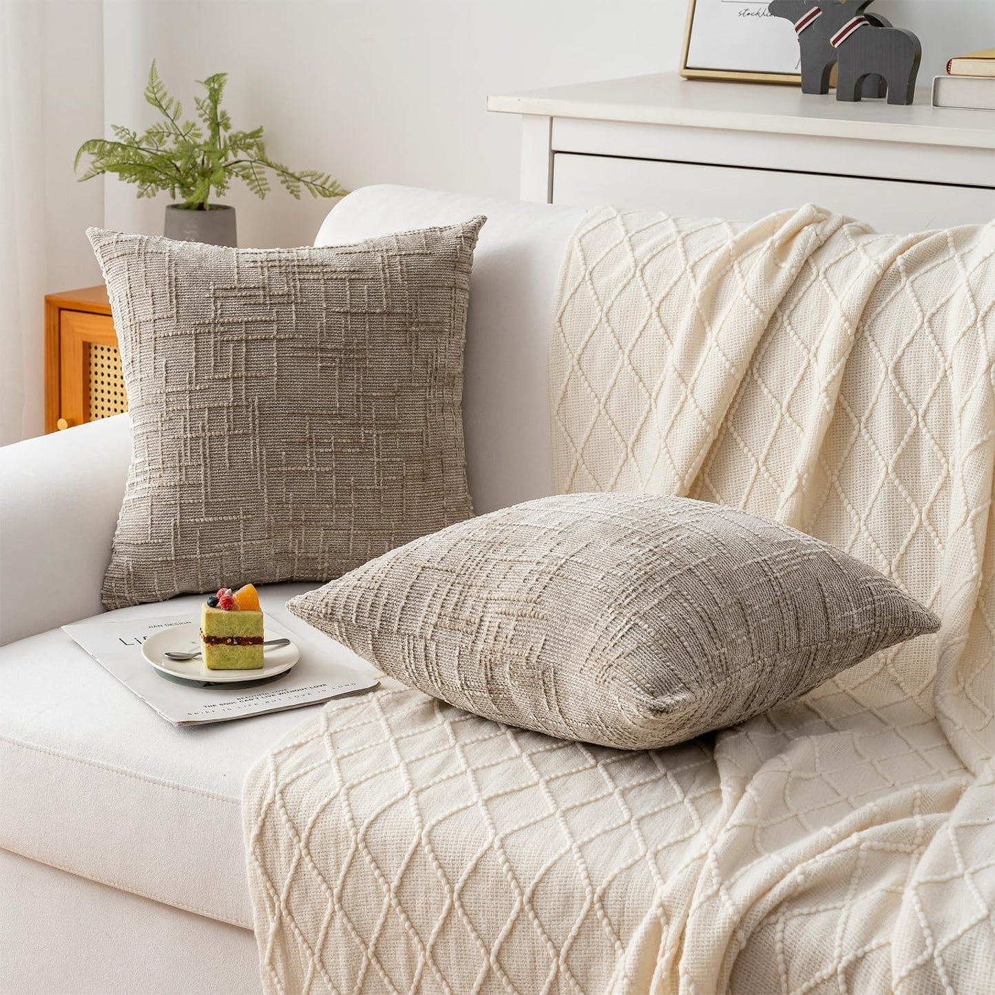 ZSkogur Decorative Throw Pillow Covers 18x18 Inch Set of 2, Soft Solid Farmhouse Chenille Couch Pillows, Spring Pillow Covers for Couch Sofa Bed Living Room Home Decor Pillowcase, Light Khaki