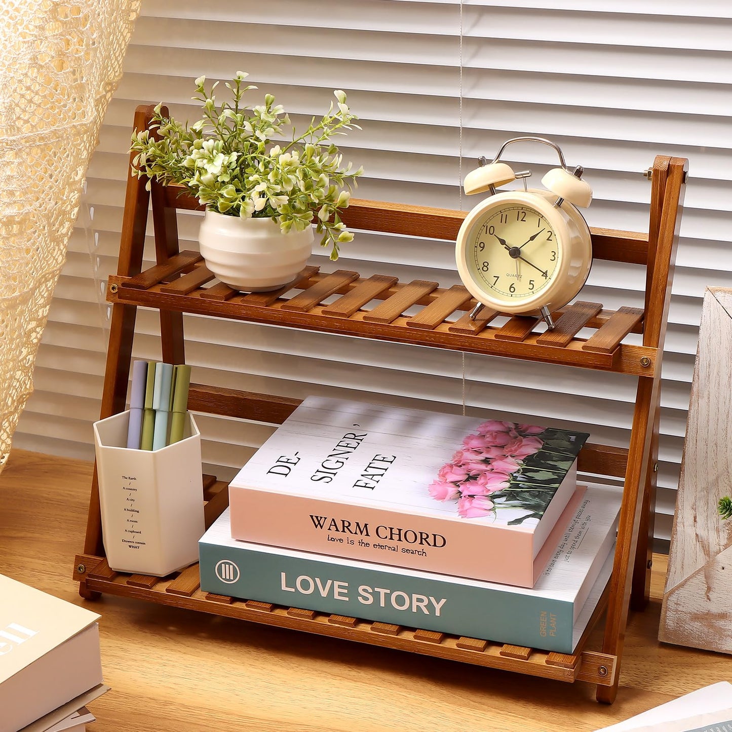HCEWSBFD 14.6"/18.5" 2 Tiers Bamboo Plant Stand Shelf Wicker-Look Coffee Station Organizer Matcha Station Shelf Bamboo Mug Holder Countertop Kitchen Shelfs Condiment for Office Decorate Storage Rack