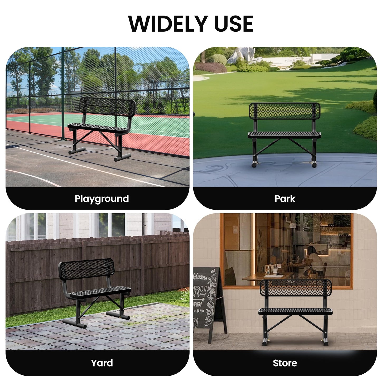 Sunnibety 4 Feet Heavy Duty Metal Park Bench for Outside, Outdoor Bench with Backrest & Portable Frame, Commercial Benches for Shopping Malls, Stores, Parks, Patios, Decks, Black
