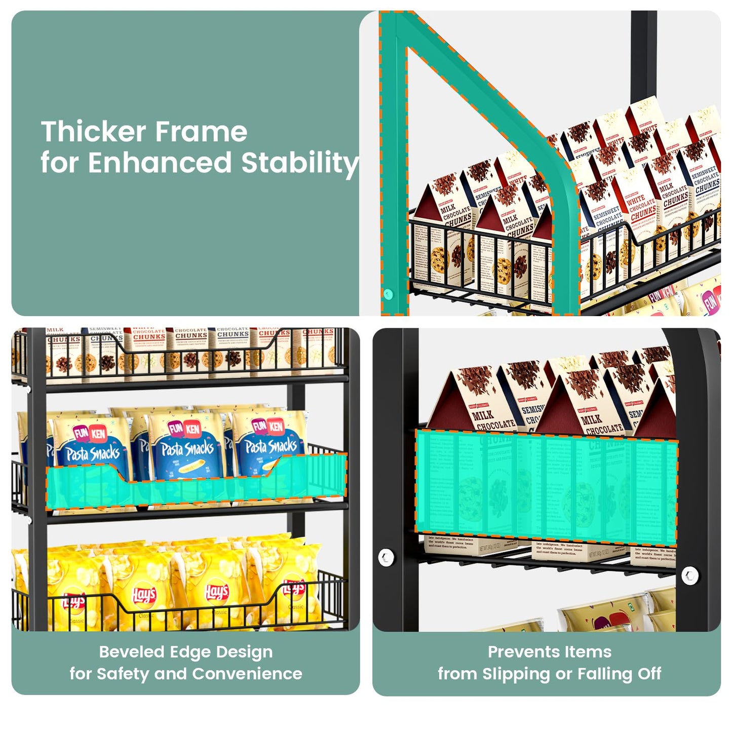 POIUNA 65" 5 Tier Snack Rack Display Stand with Hooks & Wheels, Metal Retail Display Shelf for Chips, Snacks, Candy, Metal Snack Shelf for Store Home Kitchen Store Organizer (60cm-black)