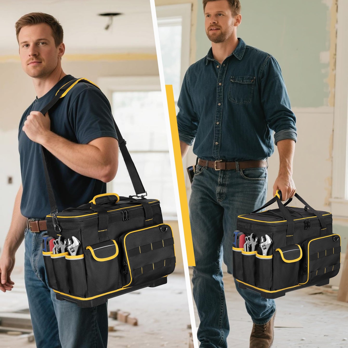 Marscamd 16-inch Tool Bag with Hard Bottom and a Detachable Divider, Heavy Duty Tool Tote with Multiple Pockets, Black