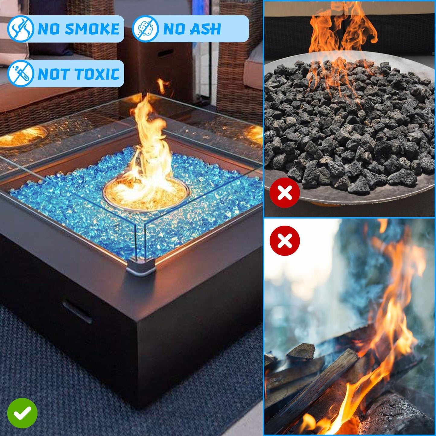 vchin Fire Glass for Propane Firepit, Fireplace and Outdoor Decorative, Caribbean Blue Fire Pit Rocks 10LB, 1 Inch Diamond High Luster Glass Beads