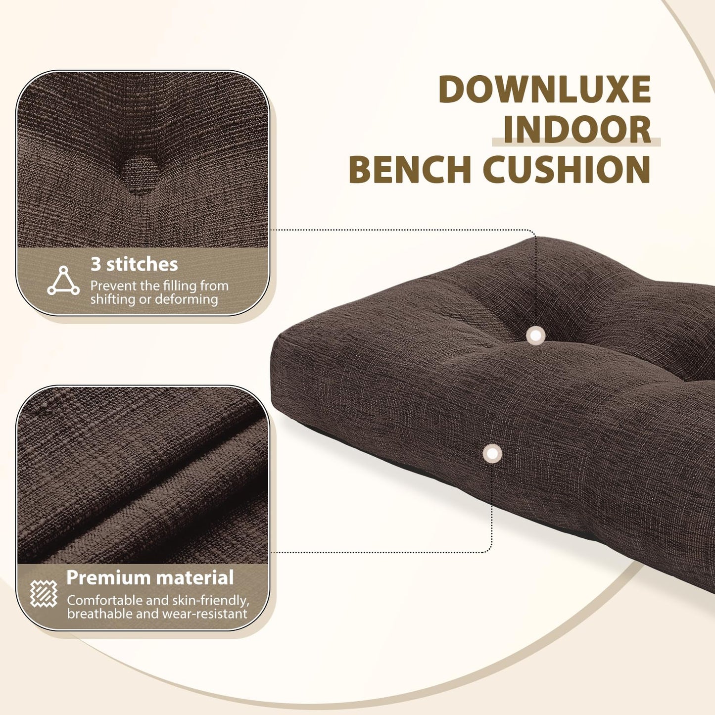 downluxe Indoor Bench Cushion for Indoor Furniture, Non-Slip Tufted Overstuffed Textured Foam Bench Seat Cushion, 36" X 14" X 4", Brown, 1 Pack