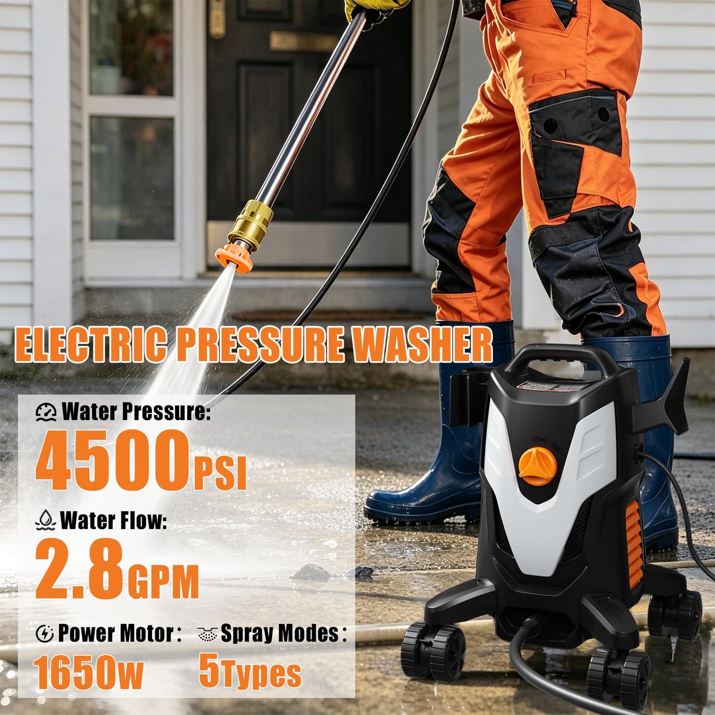 Electric Pressure Washer 4500PSI 2.8 GPM High Pressure Washer with Anti-Tipping Technology, 4 Quick Connect Nozzles, Stainless Steel Spray Wand, Electric Power Washer for Cars/Fences/Driveways/Home