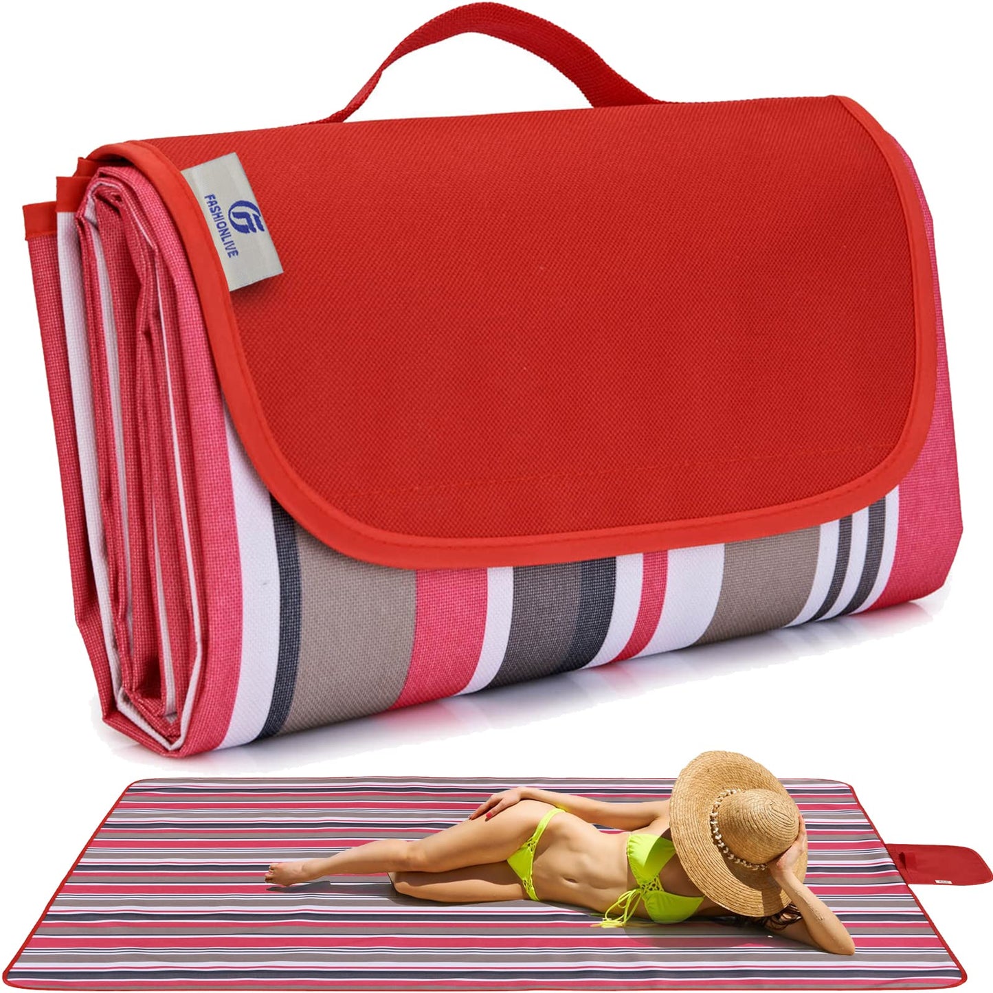 FashionLive Beach Blanket Picnic Mat Sandproof Waterproof Extra Large Outdoor Camping Blanket Foldable Portable Picnic Mat for Travel Hiking Music Festival Park Lawn Grass Red Lines