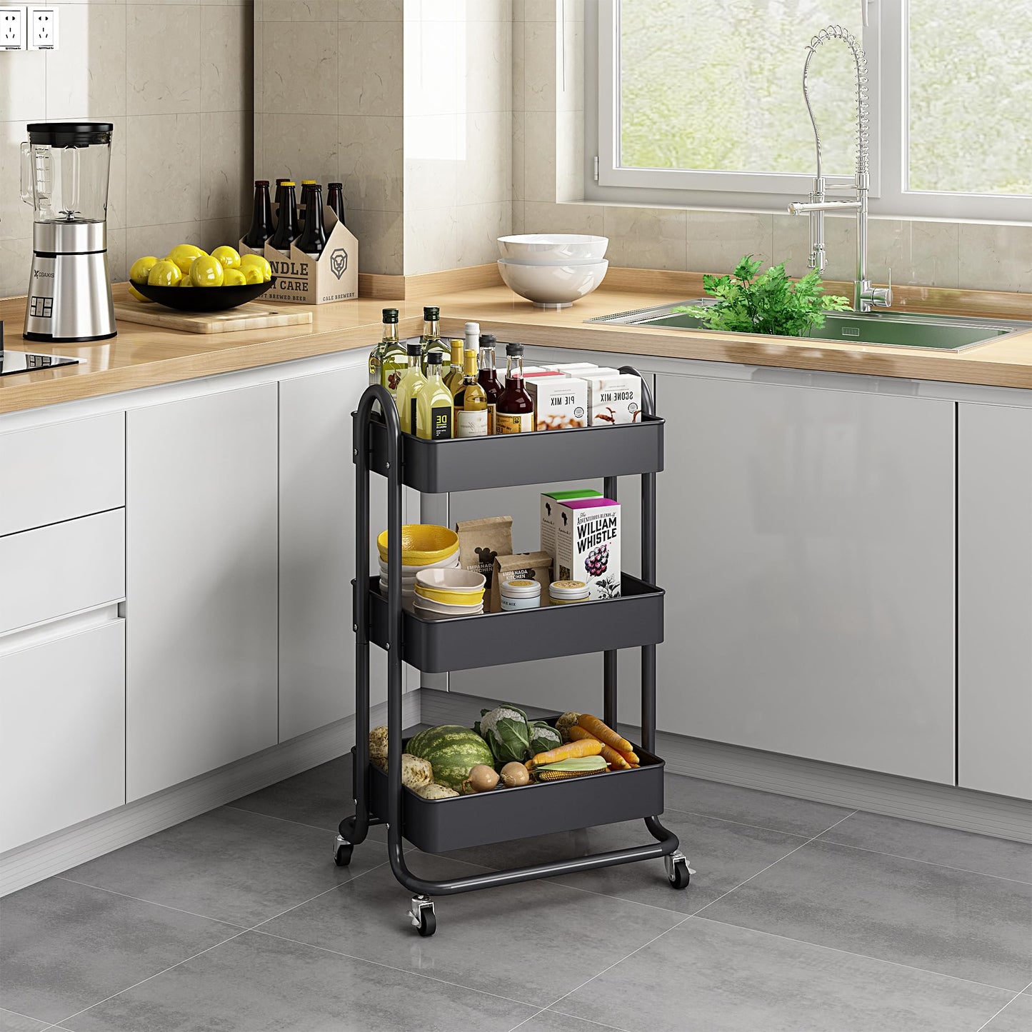 MIOCASA 3-Tier Metal Utility Rolling Cart, Heavy Duty Multifunction Cart with Lockable Casters, Easy to Assemble, Suitable for Office, Bathroom, Kitchen, Garden (Dark Gray, 3-Tier-Metal)