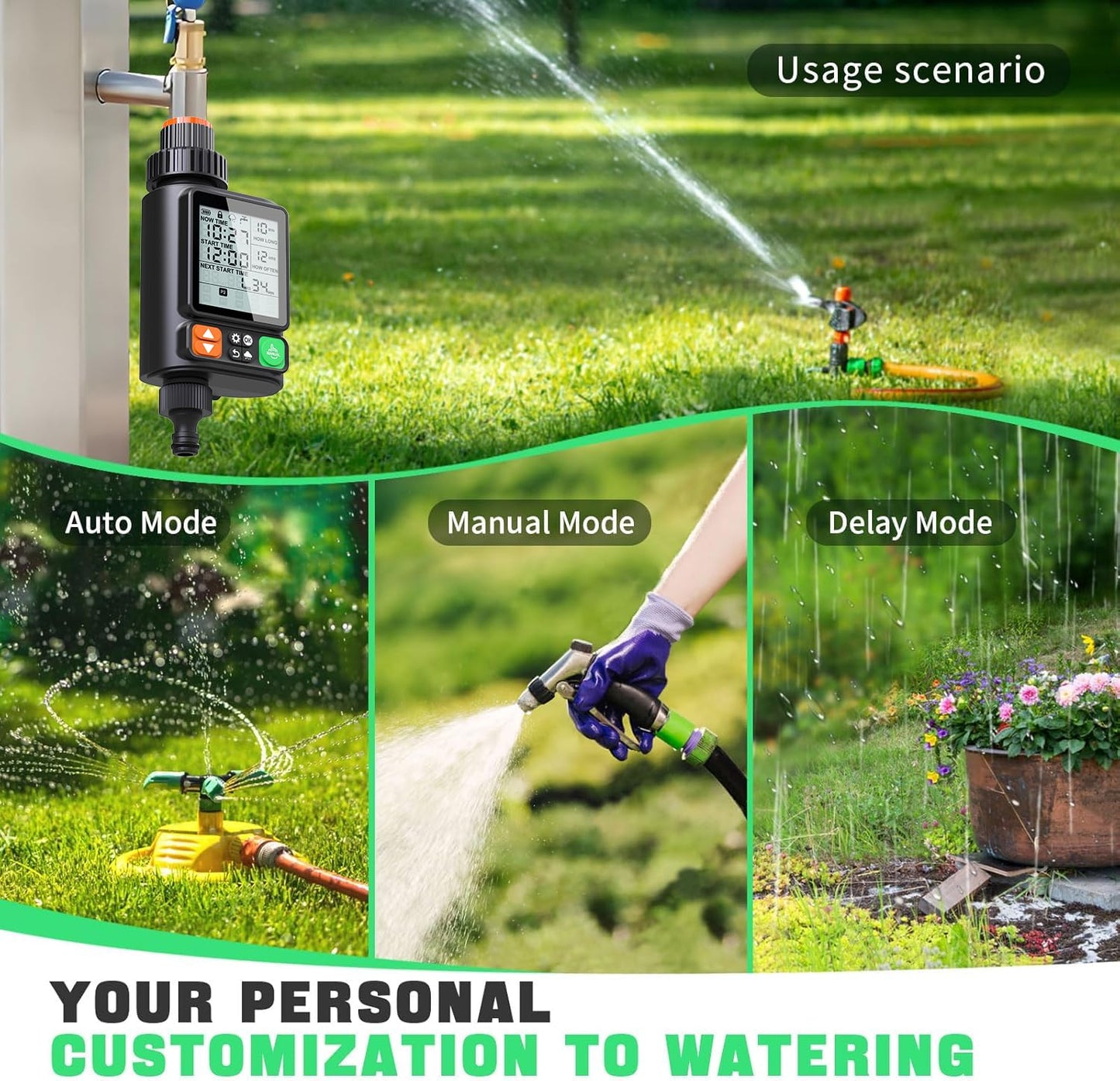 Sprinkler Timer for Garden Hose, Upgrade 10 Program Water Timer with Auto Rain Delay, IP54 Waterproof 3.3“ Large LCD Drip Irrigation System Timers for Plant, Yard, Lawns, Outdoor