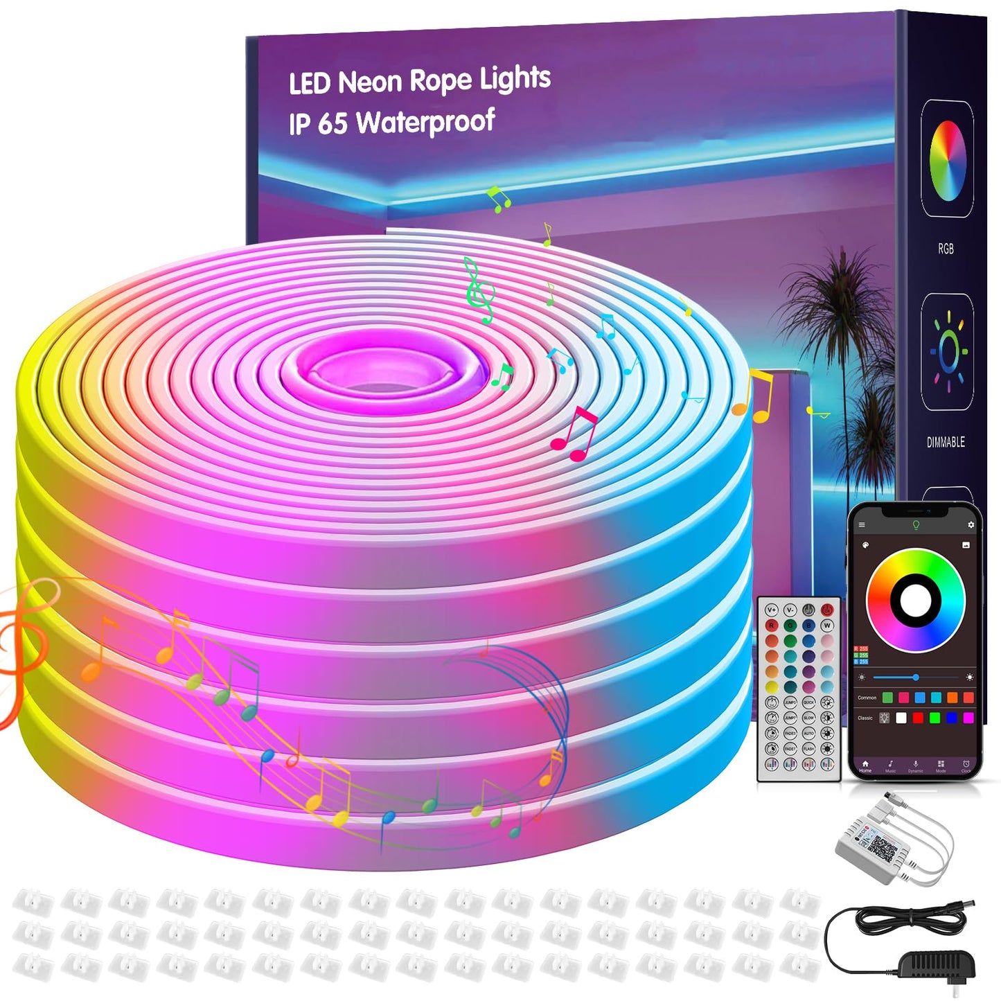 NBBUFF 100FT Led Neon Rope Lights Music Sync, RGB Led Strip Lights Outdoor, Neon Led Light Strip with Remote & App Control, DIY Flexible Led Lights for Bedroom, Gaming, Party, Room Decor (2 * 50FT)