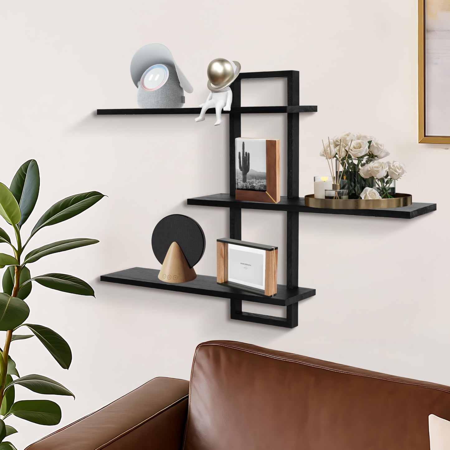 PHOENANCEE 3 Tier Wall Shelves,Decorative Floating Shelf for Wall,Plants Photo Shelf Storage Display Shelving Wood for Living Room Bedroom Kitchen Home Office Decor,Modern,Large,22 Inch(Black)