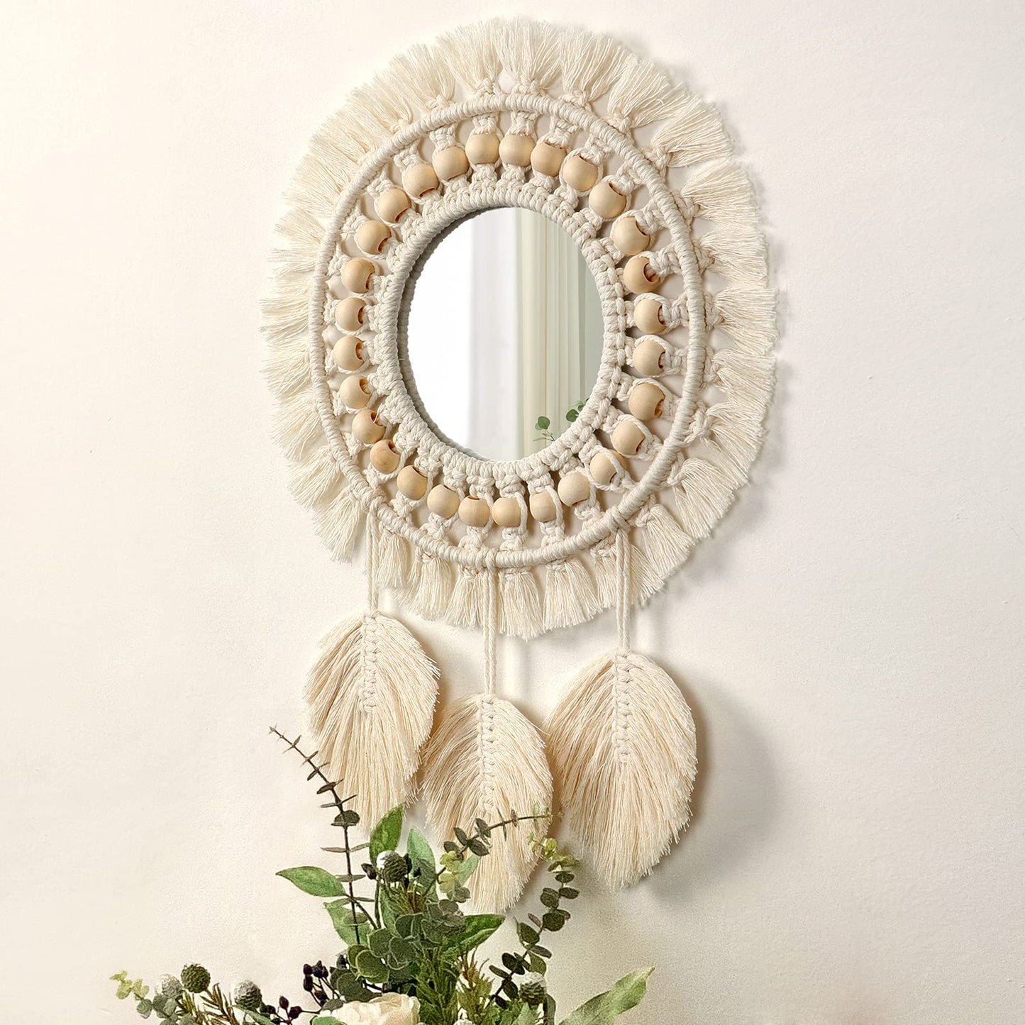 Dremisland Hanging Wall Mirror-Boho Macrame Fringe Round Decorative Mirror with Wood Beads Feather Pendant，Art Ornament for Apartment Home Bedroom Living Room