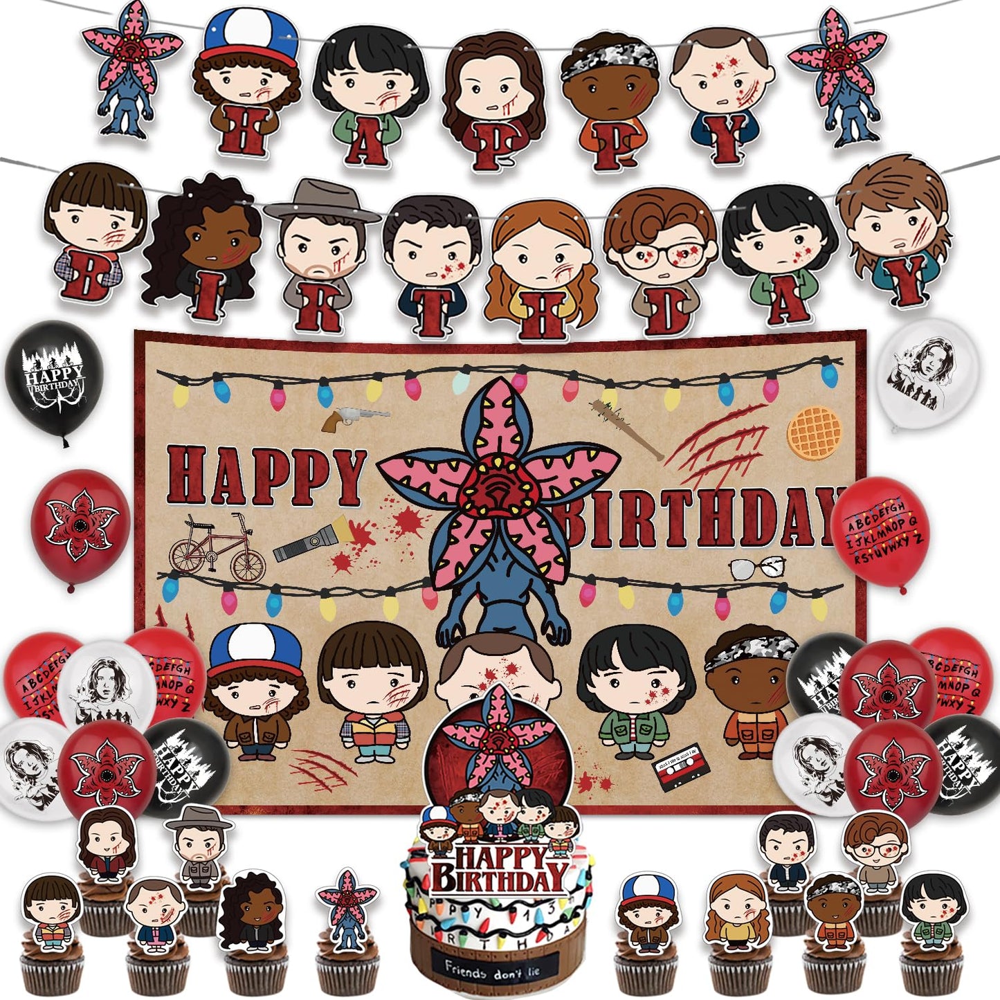 43 Pcs TV Series Theme Birthday Decorations, Cute Birthday Party Decorations, Includes 1 Banner, 1 Backdrop, 1 Cake Topper, 24 Dessert Decorations, and 16 Latex Balloons