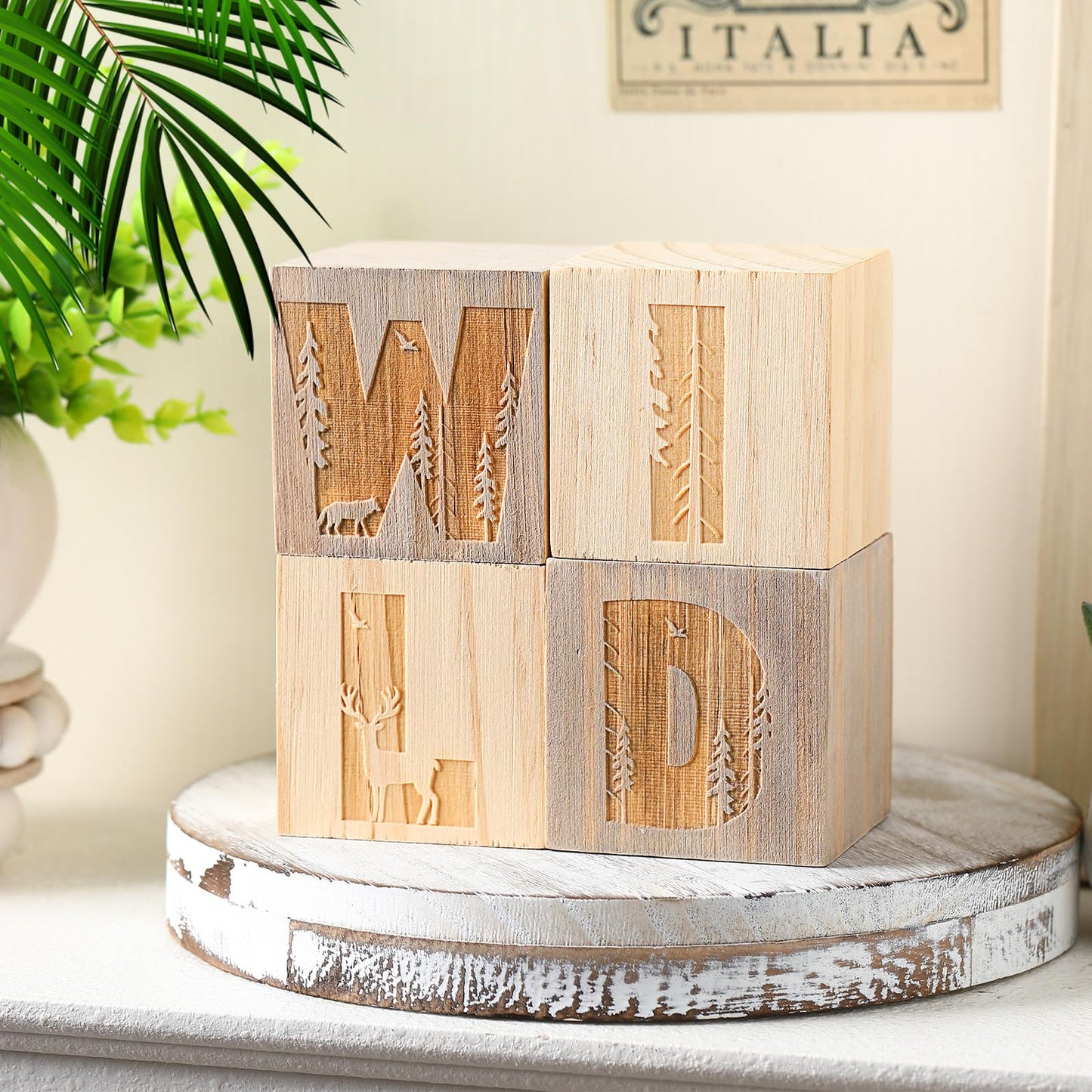 RattanView 4 Pcs 2.4 Inch Woodland Wild Nursery Wood Decor Nursery Wood Shelf Blocks for Bedroom Playroom Gifts Wild Sign Woodland Table Blocks Decor for Boys Girls