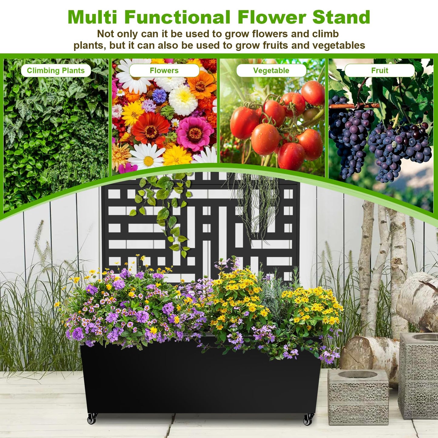 Meyoppm 72"x35"x16" Metal Planter Box with Trellis, Galvanized Steel Raised Garden Bed with Lockable Casters & Drainage Holes, Outdoor Large Planter Box for Climbing Plants, Vegetables & Flowers