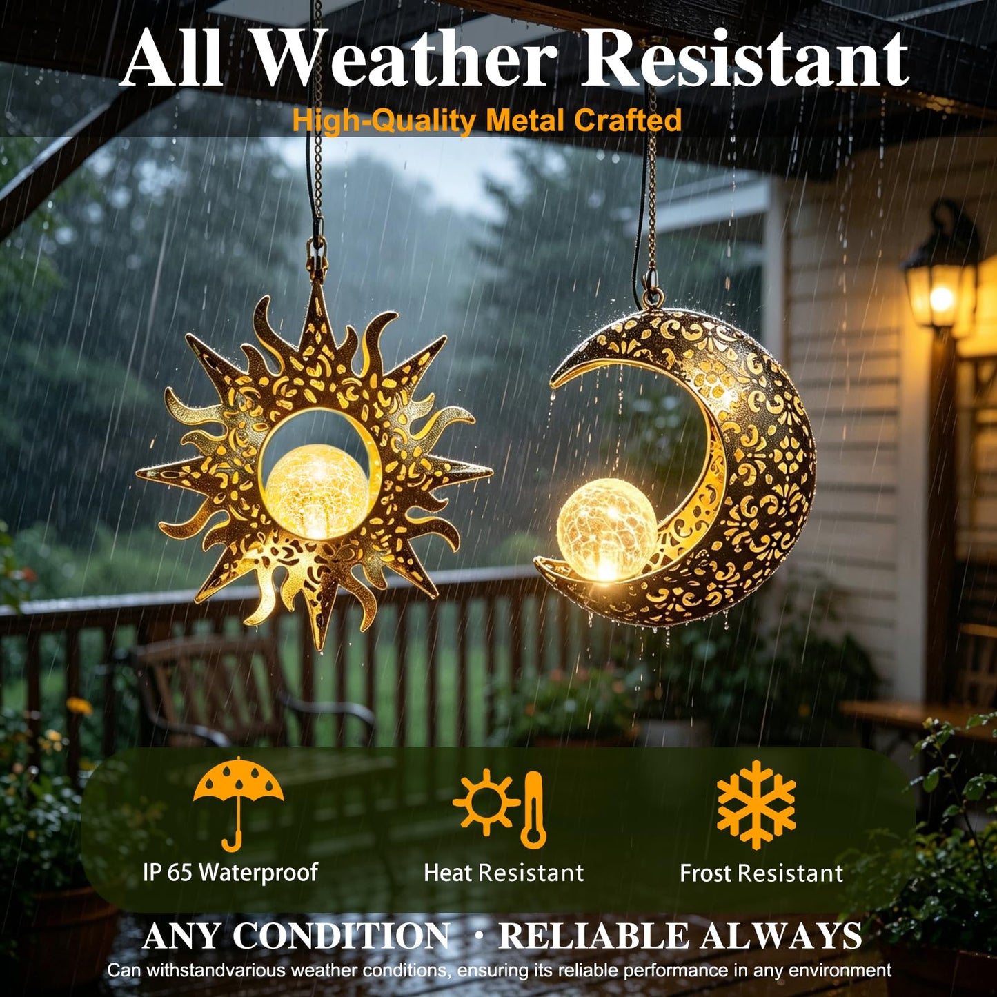 Amugmilk Solar Hanging Lights for Outside Garden,Outdoor Metal Lanterns Sun Moon Lamp, Large Decorations for Yard Garden Patio Proch Tree Wall, Christmas Gifts for Women Mom